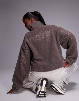 Weekend Collective borg zip through fleece with burnout graphic in taupe-Neutral