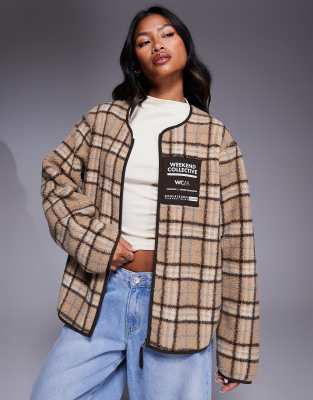 Asos Weekend Collective Weekend Collective Borg Zip Through Fleece With Neutral Check Design-multi