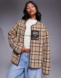[ASOS Weekend Collective] Weekend Collective borg zip-through fleece with neutral check design-Multi L MULTI