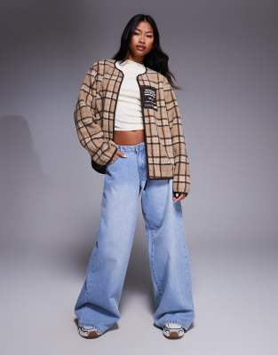 Asos Weekend Collective Weekend Collective Borg Zip Through Fleece With Neutral Check Design-multi In Multi
