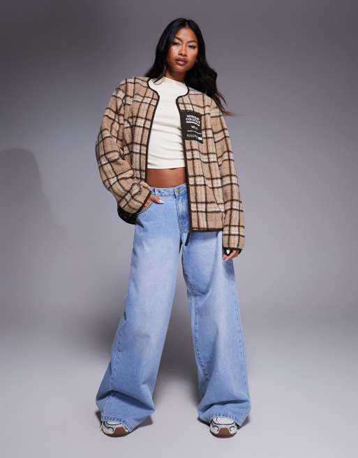 Weekend Collective borg zip through fleece with neutral check design