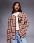 [ASOS Weekend Collective] Weekend Collective borg zip-through fleece with pink check design-Multi S MULTI