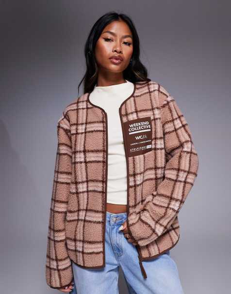 Weekend Collective borg zip through fleece with pink check design