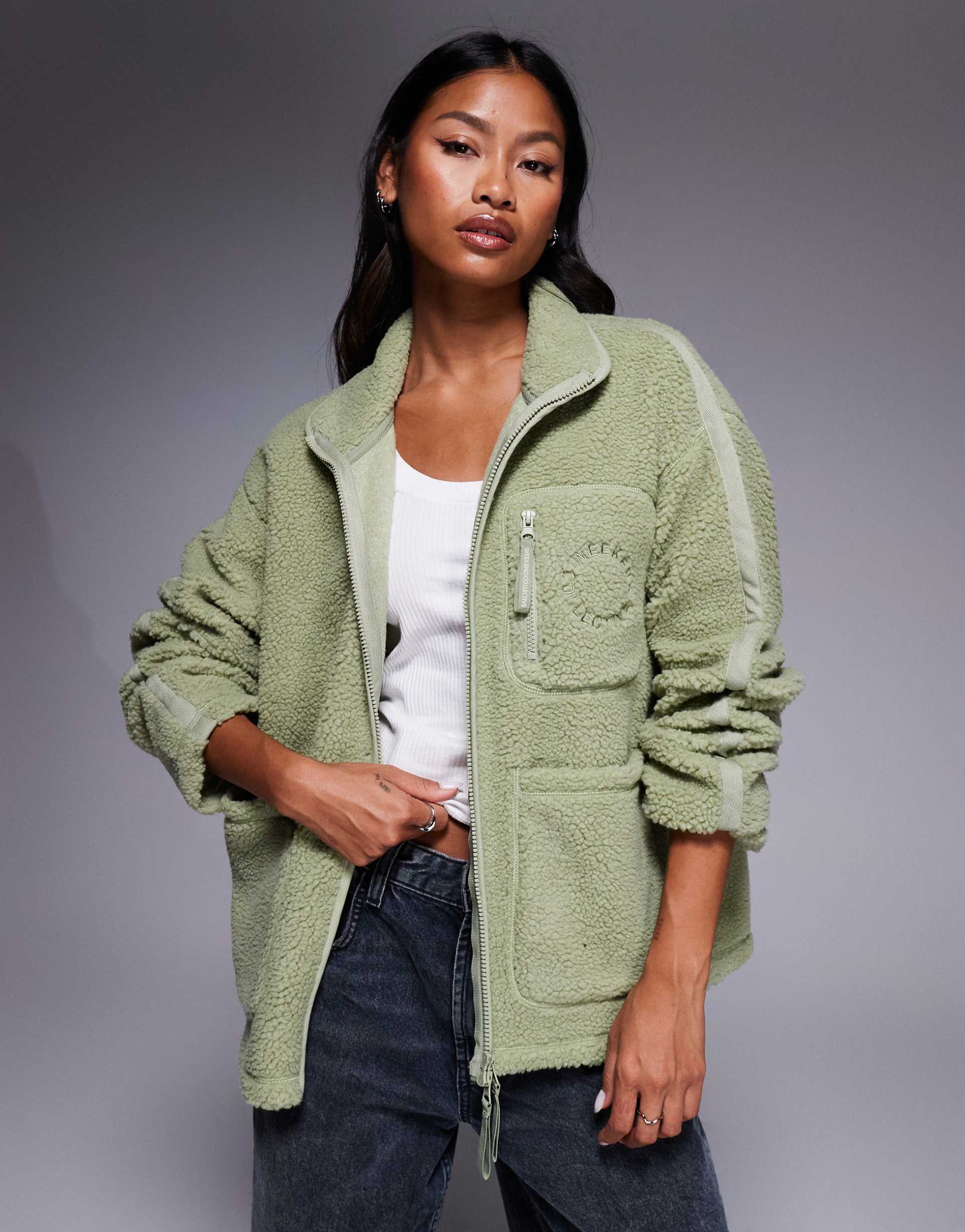 weekend collective borg zip through jacket with seam detail in sage green