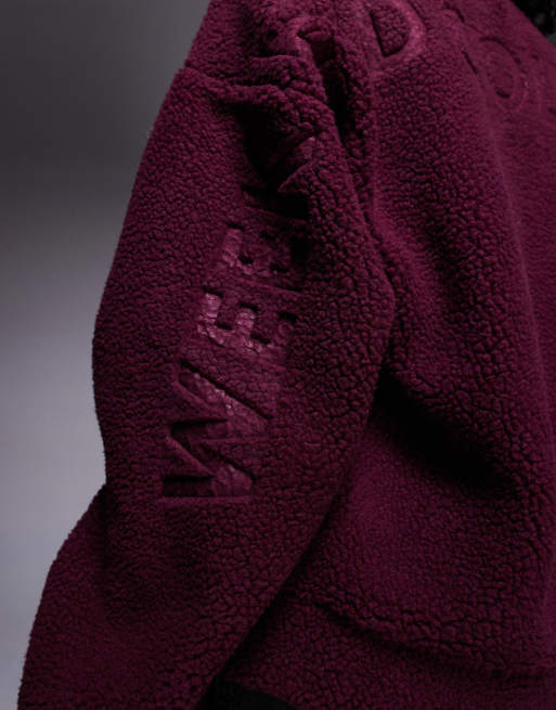 Weekend Collective borg zip up fleece with burnout graphic in burgundy
