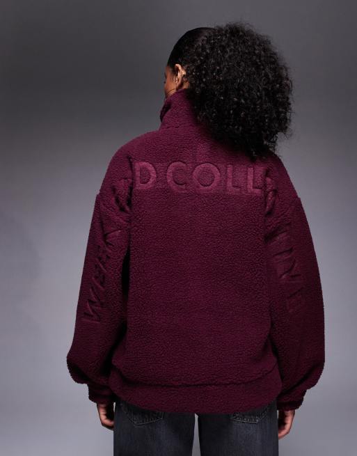 Weekend Collective borg zip up fleece with burnout graphic in burgundy