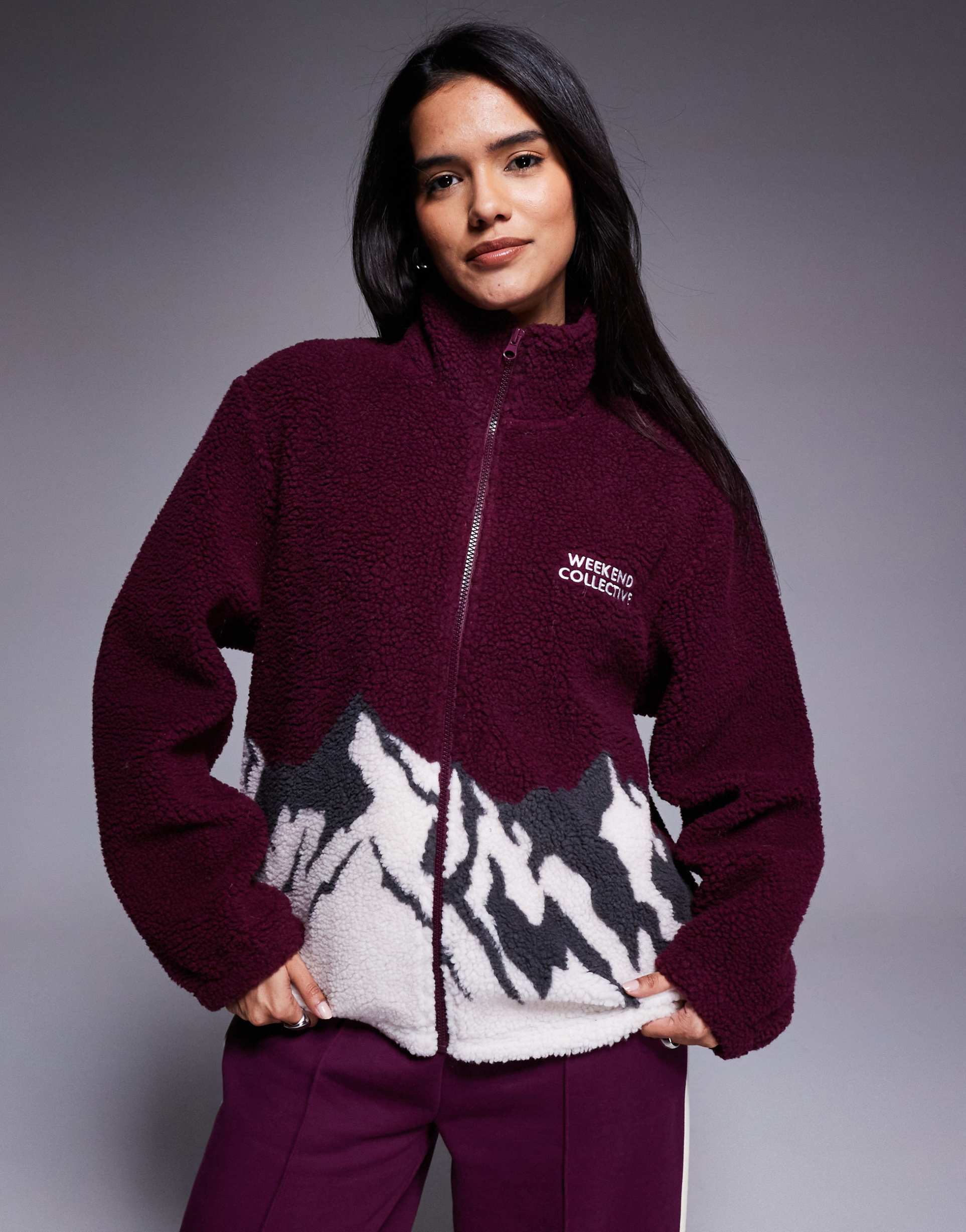weekend collective borg zip up sweatshirt with mountain print in plum