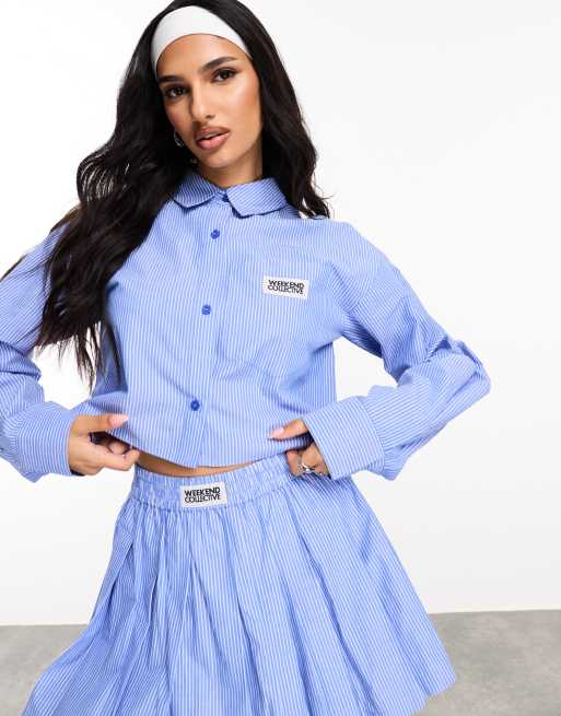 Weekend Collective - Camicia corta blu a righe con etichetta in coordinato