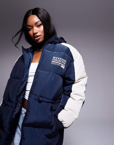 Weekend Collective - Cappotto imbottito stretto in vita blu navy e color crema con logo - view 1