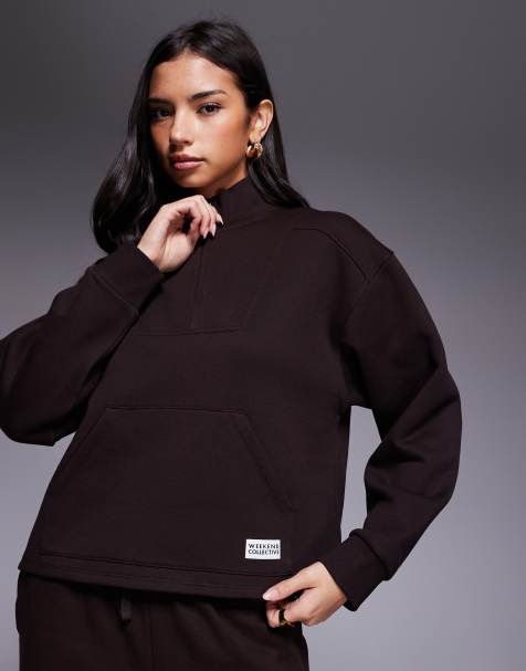 Weekend Collective – Chokladbrun, kraftig sweatshirt med kort dragkedja, del av set - view 1