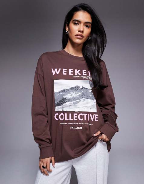 Weekend Collective – Chokladbrun t-shirt med långa ärmar och skidfotografi - view 1