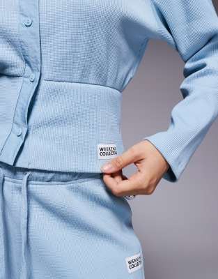 Asos Weekend Collective Weekend Collective Cinched Waist Waffle Knit Cardigan In Blue