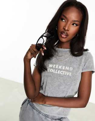 ASOS Weekend Collective Weekend Collective co-ord baby tee with bleach logo in charcoal acid wash-Grey