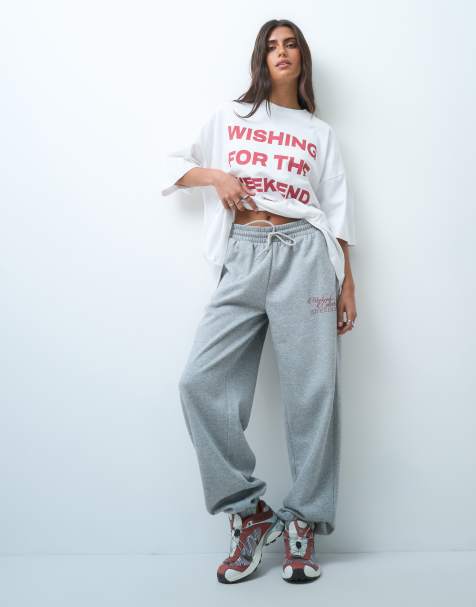 Weekend Collective co-ord baggy cuffed trackies with graphic in grey - view 1