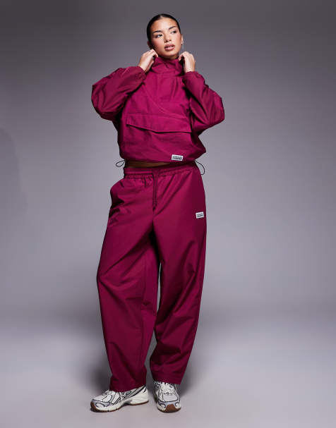 Weekend Collective co-ord barrel leg nylon jogger in burgundy - view 1