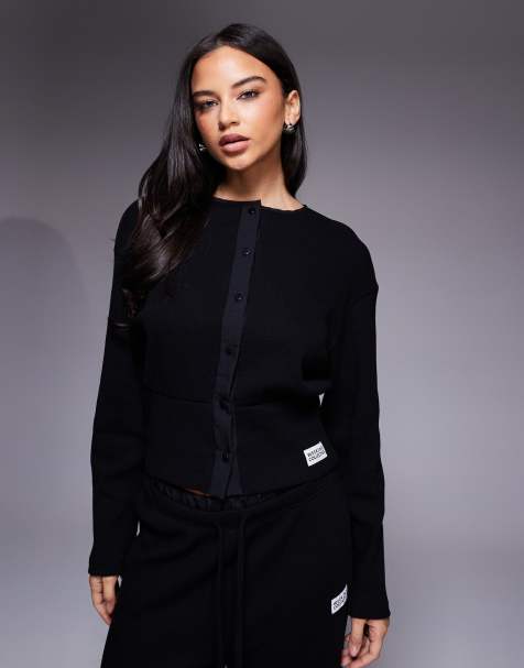 Weekend Collective co-ord cinched waist waffle cardigan in black - view 1