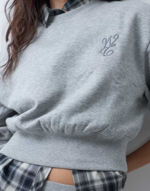 Weekend Collective co-ord cropped boxy sweatshirt with embroidered script graphic in grey marl, 3 of 5