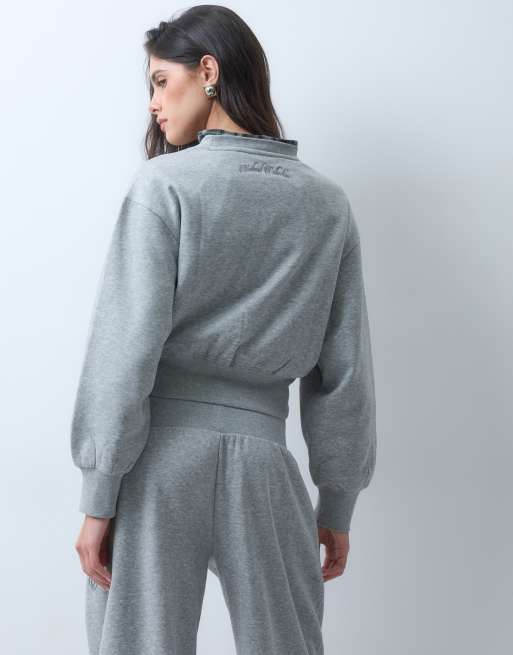 Weekend Collective co-ord cropped boxy sweatshirt with embroidered script graphic in grey marl, 4 of 5
