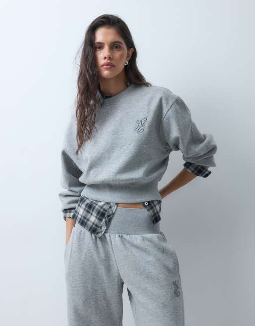Weekend Collective co-ord cropped boxy sweatshirt with embroidered script graphic in grey marl, 5 of 5