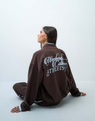 Asos Weekend Collective Weekend Collective Co-ord Funnel Neck Zip Through Hoodie With Bubble Hem And Contrast Piping In Brown