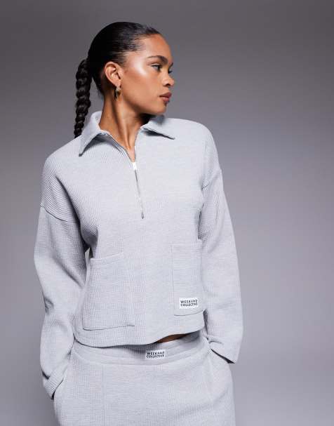 Weekend Collective co-ord half zip waffle sweatshirt in grey