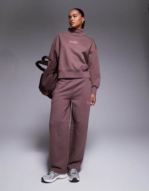 Weekend Collective co-ord heavyweight funnel neck sweat with scribble embroidery in chocolate, 2 of 4