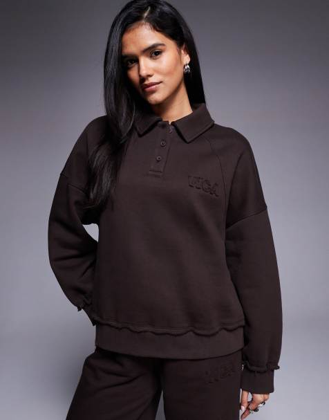 Weekend Collective co-ord heavyweight sweatshirt with ski club graphic in chocolate