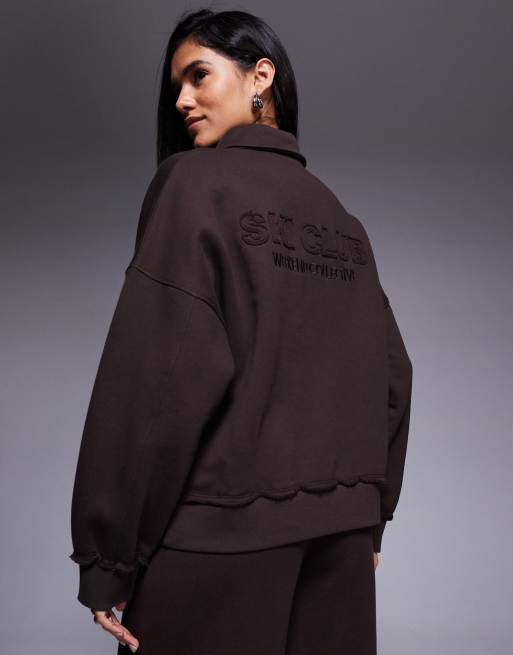 Weekend Collective co-ord heavyweight sweatshirt with ski club graphic in chocolate, 3 of 4