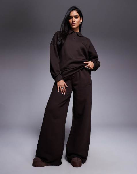 Weekend Collective co-ord heavyweight wide leg jogger with ski club graphic in chocolate - view 1