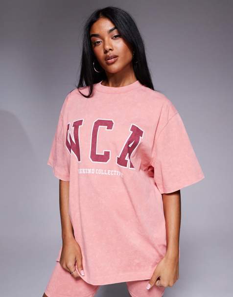 Weekend Collective co-ord Icon t-shirt with varsity logo in peach and red