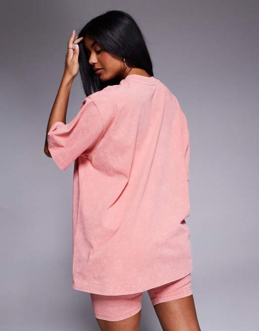 Weekend Collective co-ord Icon t-shirt with varsity logo in peach and red, 3 of 4