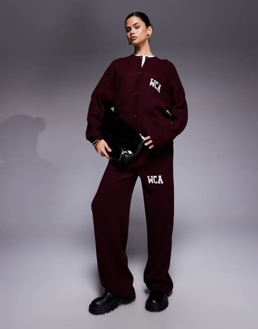 Weekend Collective co-ord knitted cardigan with varsity graphic in burgundy, 4 of 4