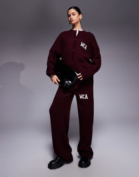 Weekend Collective co-ord knitted with varsity graphic in burgundy - view 1