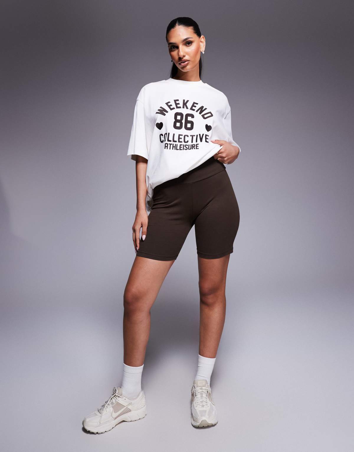 Weekend Collective co-ord legging short with heart graphic in chocolate