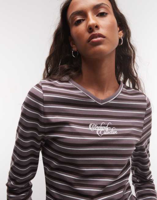 Weekend Collective co-ord long sleeve lace trim top in stripe, 4 of 4