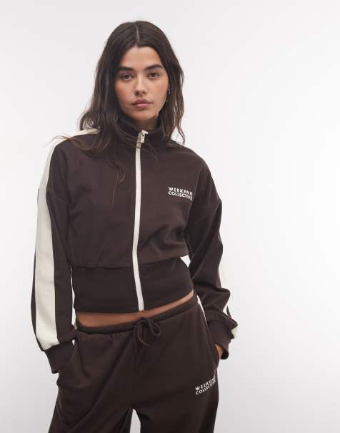 Weekend Collective co-ord micro fleece track style top in chocolate - view 1