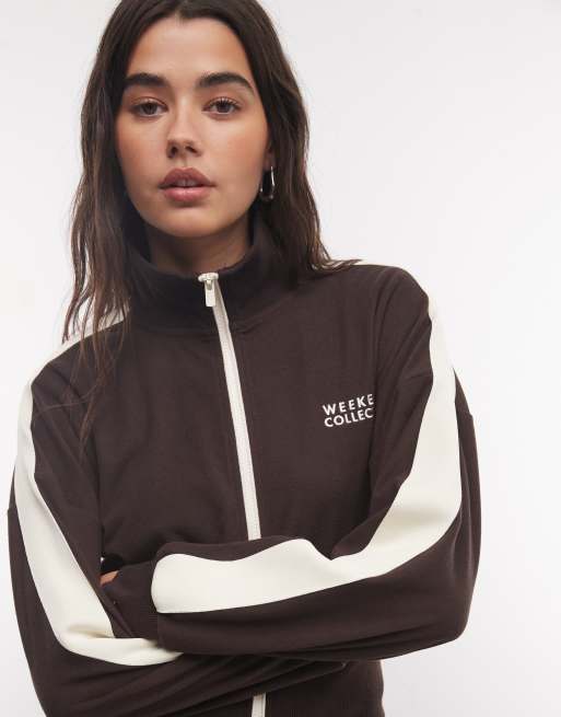 Weekend Collective co-ord micro fleece track style top in chocolate, 3 of 4