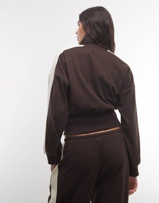 Weekend Collective co-ord micro fleece track style top in chocolate, 4 of 4