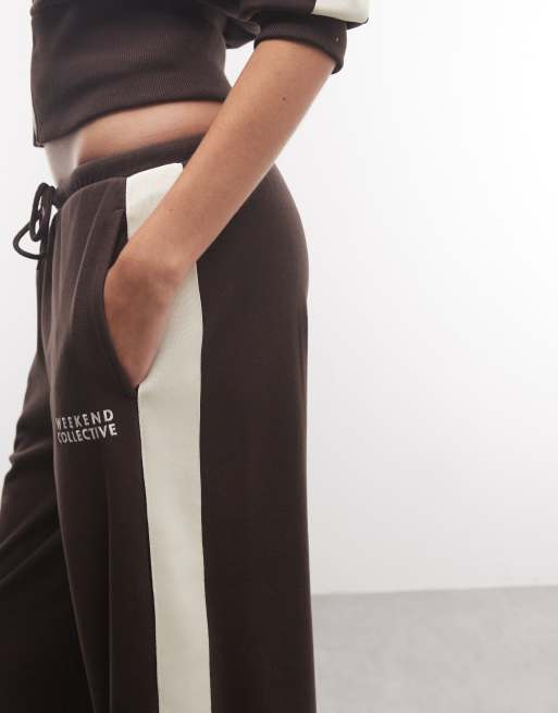 Weekend Collective co-ord micro fleece wide leg jogger with side stripe detail in chocolate, 3 of 5