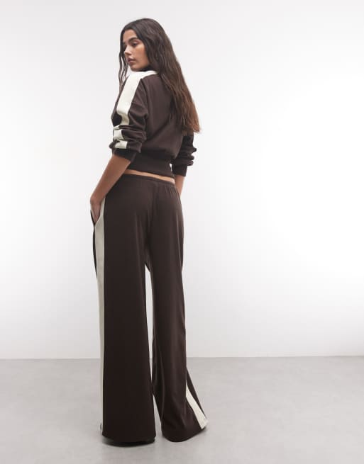 Weekend Collective co-ord micro fleece wide leg jogger with side stripe detail in chocolate, 5 of 5