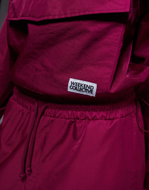 Weekend Collective co-ord nylon funnel neck windbreaker in burgundy, 4 of 4