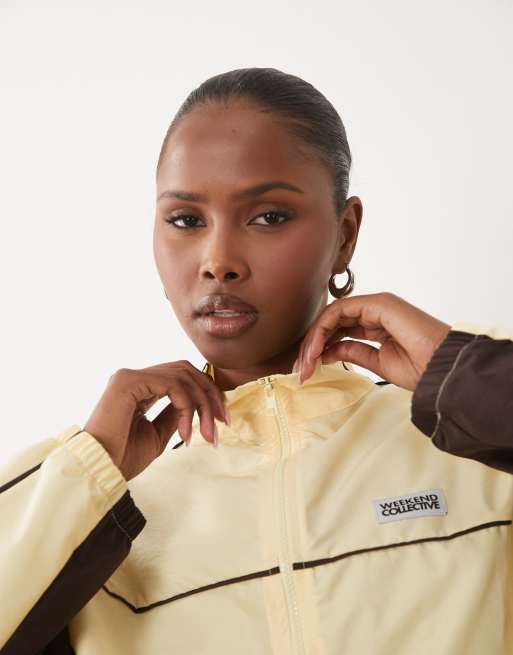 Weekend Collective co-ord nylon track jacket in buttermilk and chocolate, 2 of 4