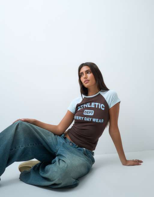Weekend Collective co-ord raglan relaxed tee with athletic graphic in chocolate and baby blue, 2 of 4