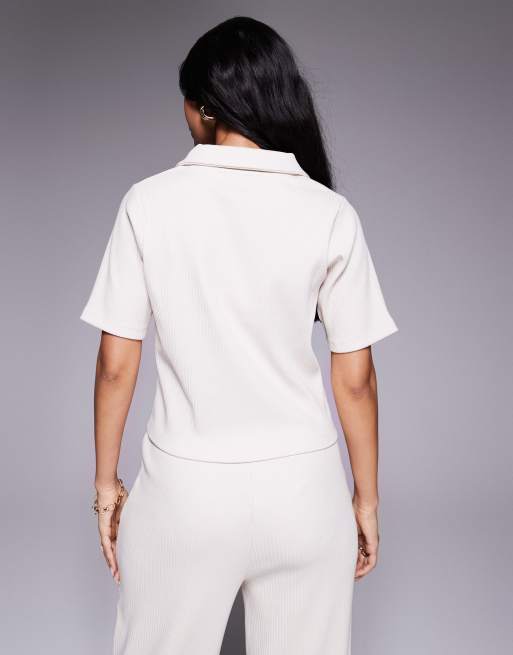 Weekend Collective co-ord ribbed collared t-shirt in white, 2 of 4