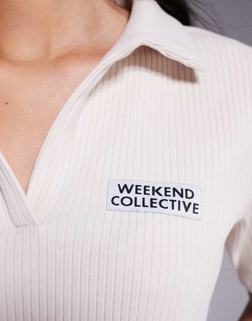 Weekend Collective co-ord ribbed collared t-shirt in white, 4 of 4