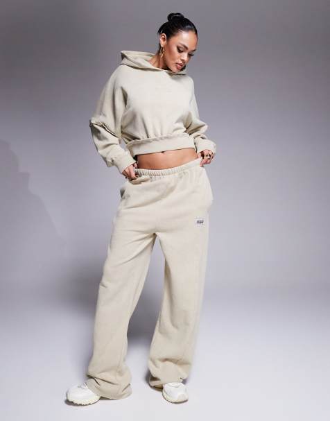 Weekend Collective - Co-ord set met hoodie en joggingbroek met wijde pijpen en siernaden in beige met wassing - view 1