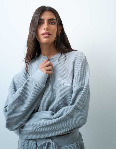 Weekend Collective co-ord wafel henley top met lange mouwen en bubbelzoom in grijs - view 1