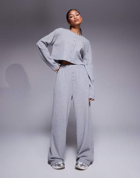 Weekend Collective co-ord waffle button top with nylon and wide leg jogger in grey - view 1