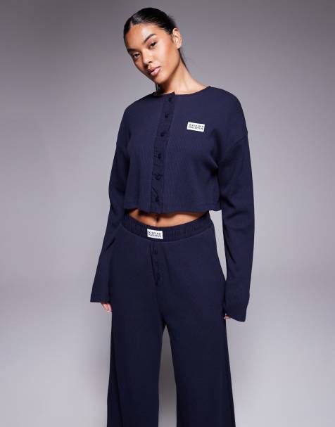 Weekend Collective co-ord waffle button top with nylon in navy