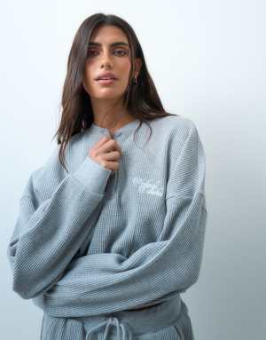 Weekend Collective co-ord waffle henley long sleeve top with bubble hem in grey